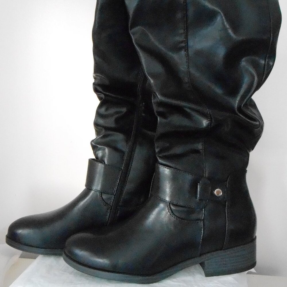 Black Knee-High Women's Buckle Riding Boots with Chunky Heels-Size 8-NWOT